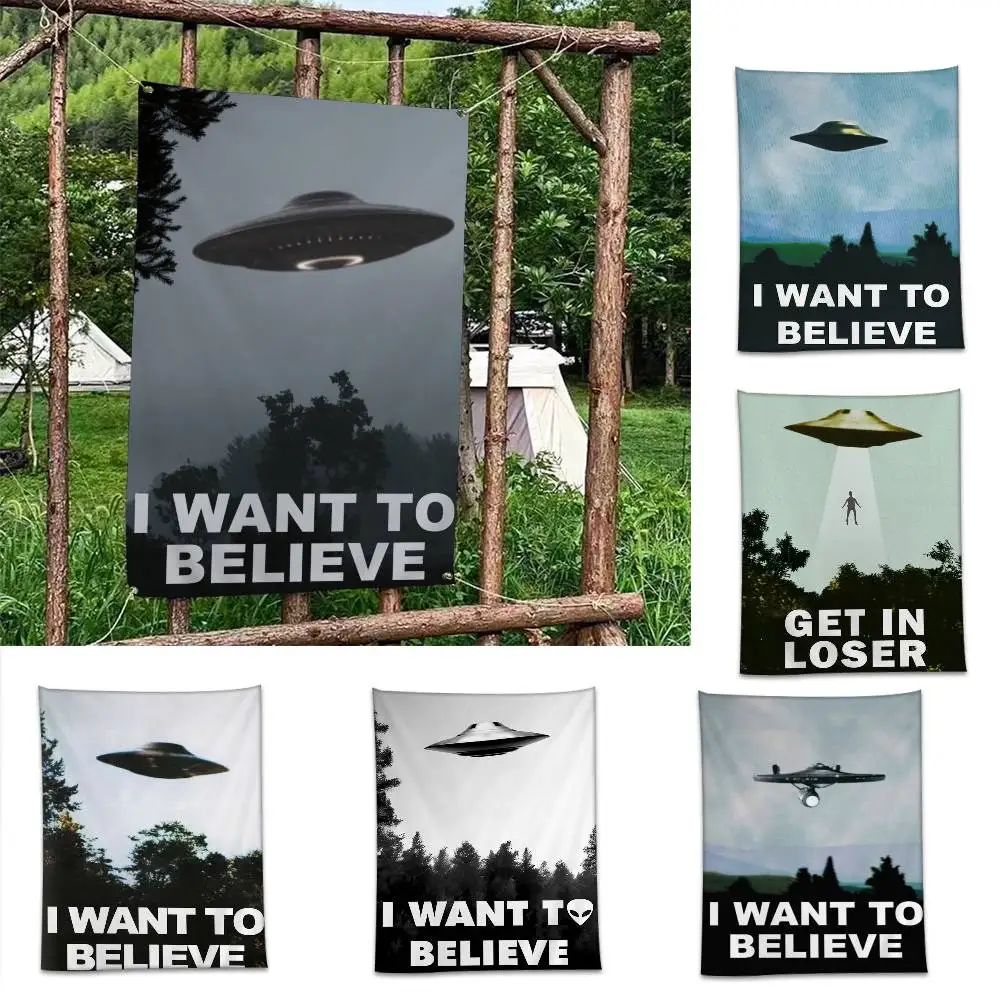 Drapeau DIY « I Want To Believe UFO X Files TV Series » pour photos de groupe de famille, décoration murale pour salon, maison, dortoir, bannière décorative