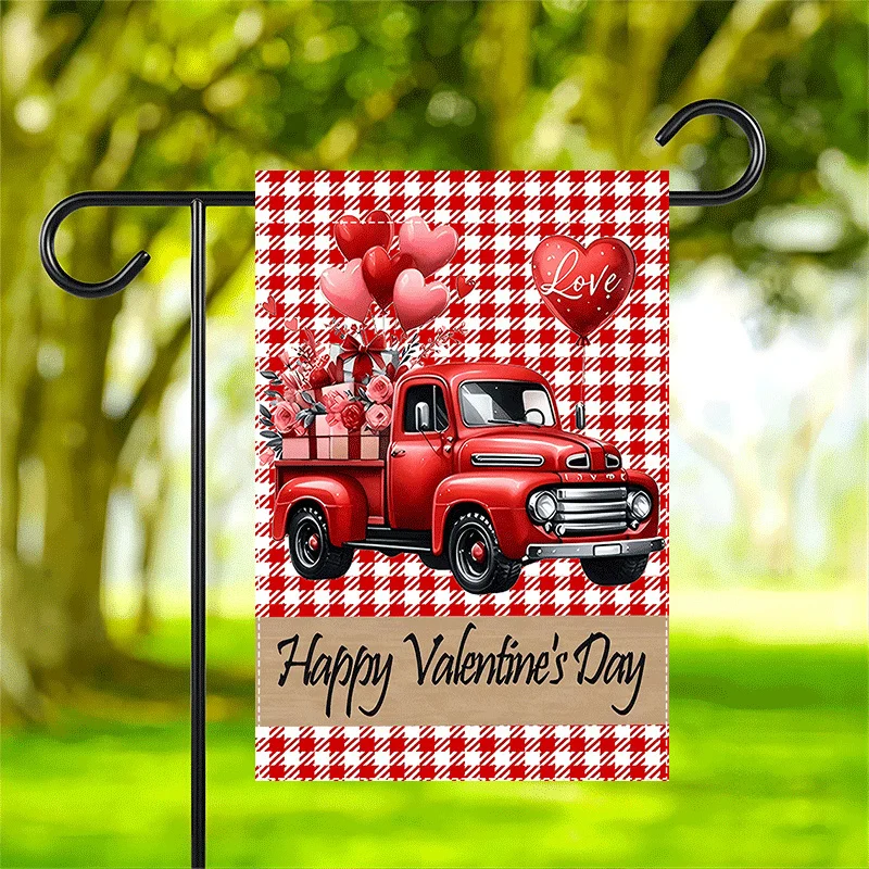 Valentine's Day Red Pickup Truck Garden Flag Double-Sided Waterproof Burlap, Heart Balloon Design Love Theme