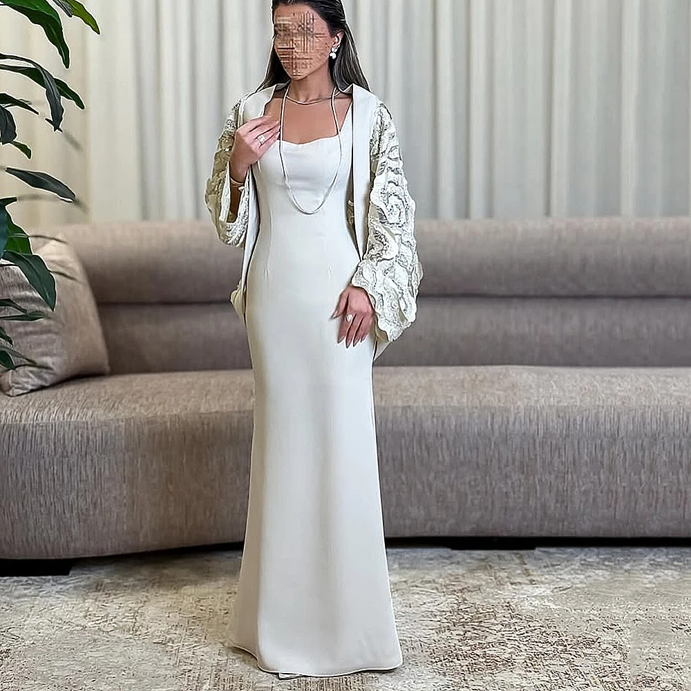 

Белое простое вечернее платье из джерси с квадратным воротником по индивидуальному заказу и курткой ILLUSION, вечернее платье русалки длиной до пола, платье для выпускного вечера