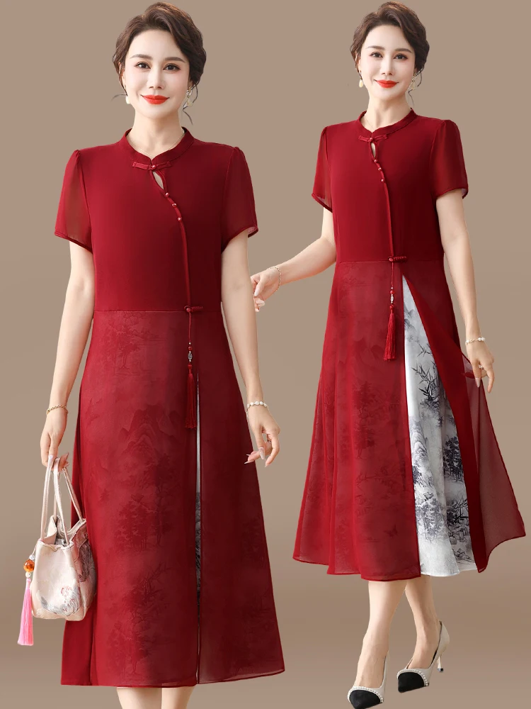 

Летнее свадебное платье для мам, модное свободное платье-комбинация из полиэстера для женщин среднего и старшего возраста