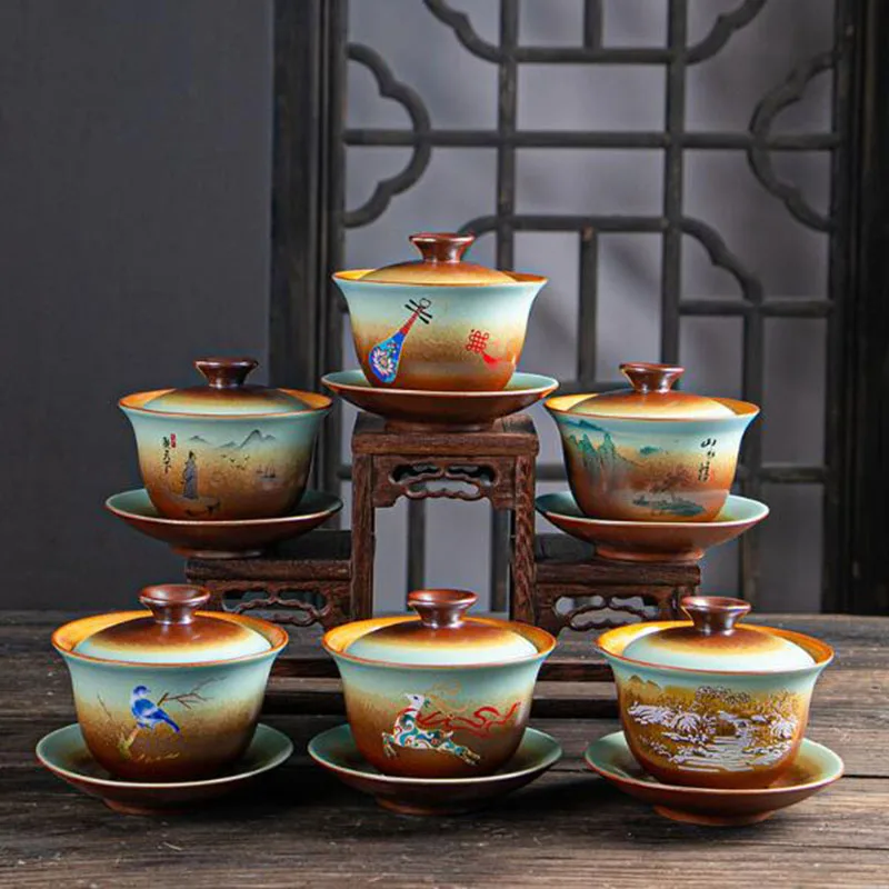 Wood-burning Antique Sancai Gaiwan Kungfu Tea Cup Household Tea Tureen Infuser Bowl Kitchen Tea Set Drinking Accessories