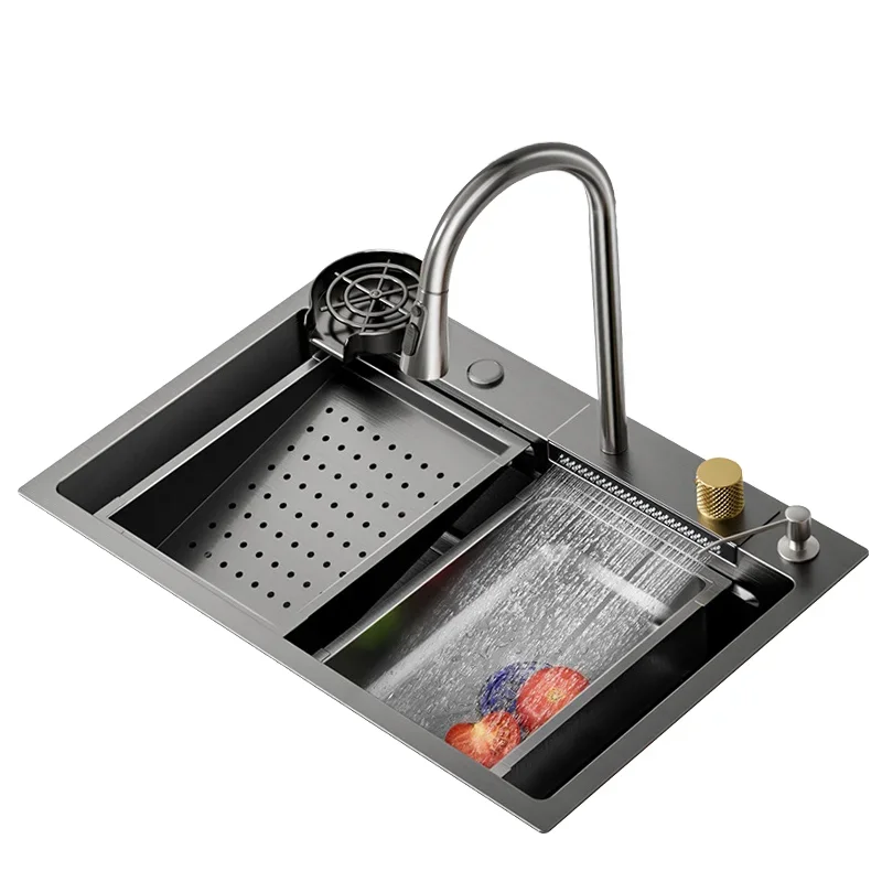 Multifunctional Anti-Scratch LED Digital Display Kitchen Sink Black Nano Workstation With Double Bowl Cup Washer