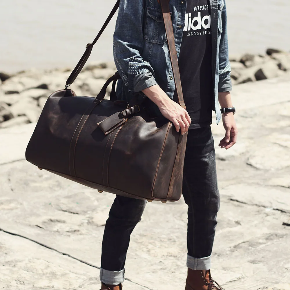 S.WORKER Vintage Vollnarbenleder-Reisetasche Große Kapazität Weekender-Reisetasche für Männer Sporttasche – Detail 4