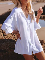 2023 New Beach Outing Cover Up Tunic Dress Bohemian Chiffon White Bikini Pareo Shirt Women Swimsuit Kimono Beachwear Cardigan