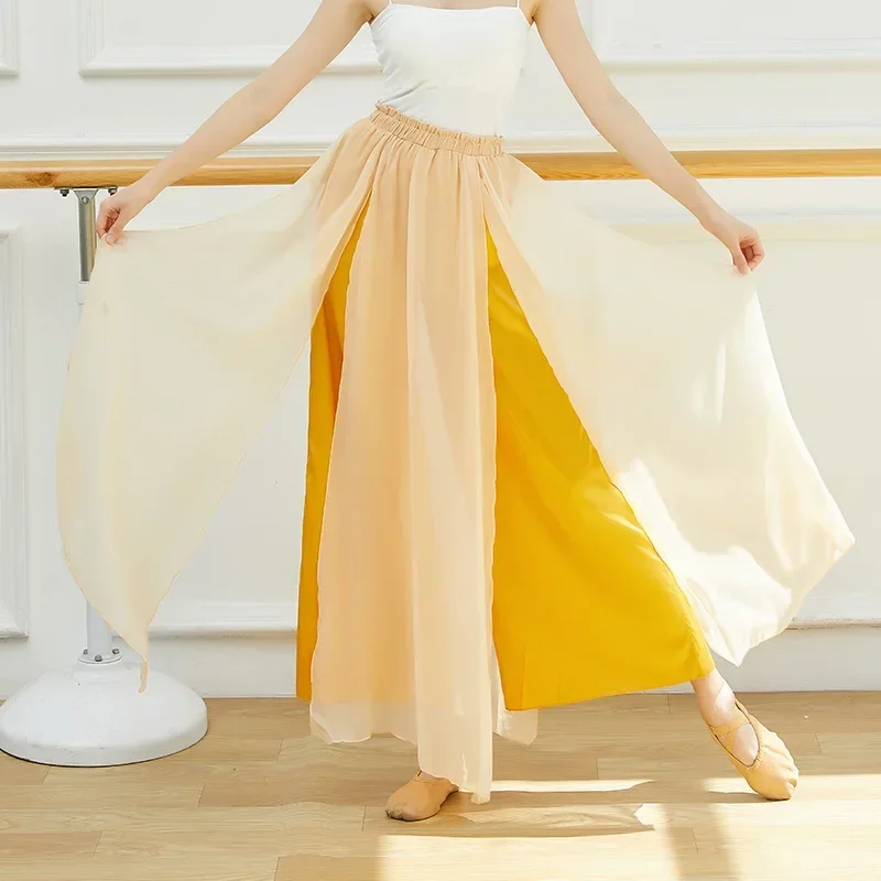 Classic Dance Culottes Pant Women 2 Layers Chiffon Flowy Skirt Body Rhyme Trousers Loose Long Design Folk Yangko Dancewear Fairy