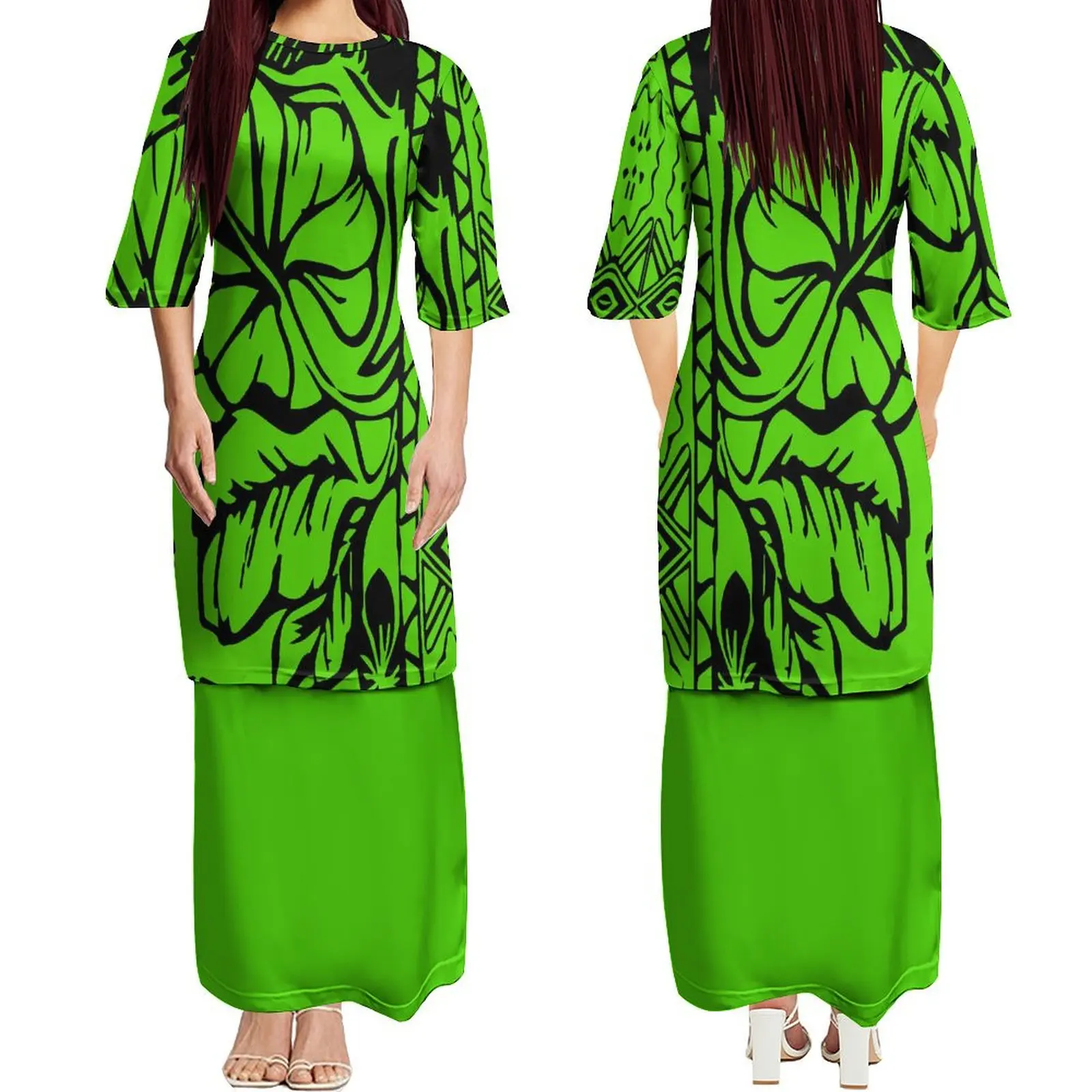 Samoan Women\'S Fashion Puletasi Two-Piece Women\'S Mid-Sleeve Crew Neck Dress Plus Size 7xl Polynesian Island Design Print