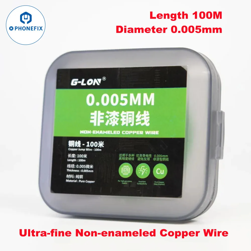 G-LON Kawat Tembaga Tidak Terisolasi Ultra-halus Diameter 0.005Mm Panjang 100M untuk Perbaikan Ponsel LCD CPU PCB Link Alat Kawat Jumper