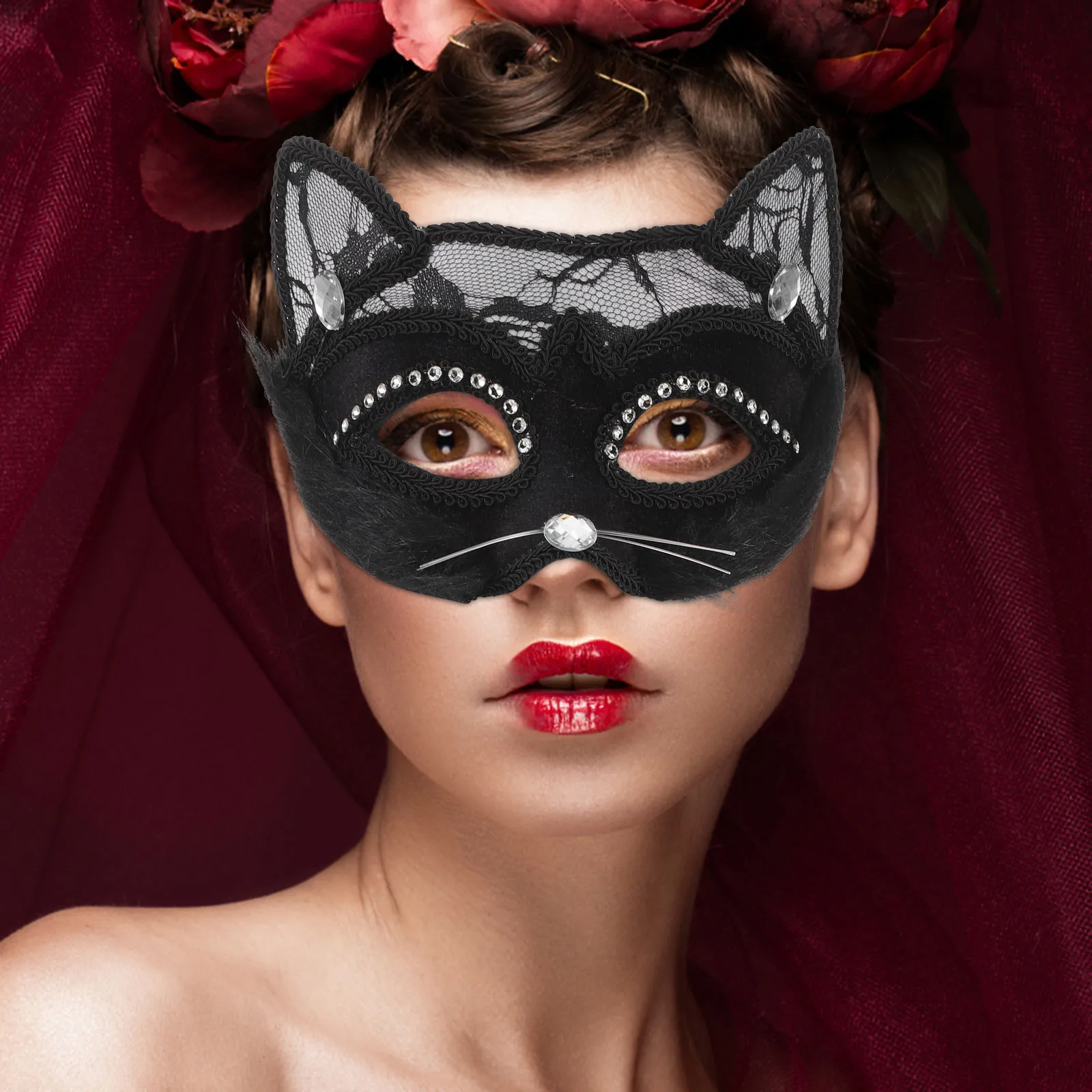 قطعتان من قناع القطط الأنيق من الدانتيل للنساء، أزياء تنكرية لحفلات الهالوين، إكسسوار تنكري، أقنعة قناع القط التنكرية