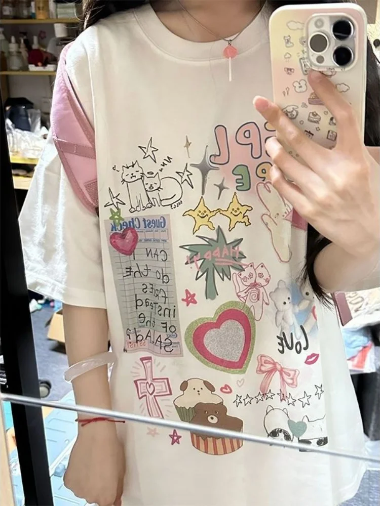 

Women Casual Fashion Harajuku Tees O Neck Y2k Aesthetic Tops 2025 Summer New Oversize Kawaii Cartoon Print T-shirts Short Sleeve