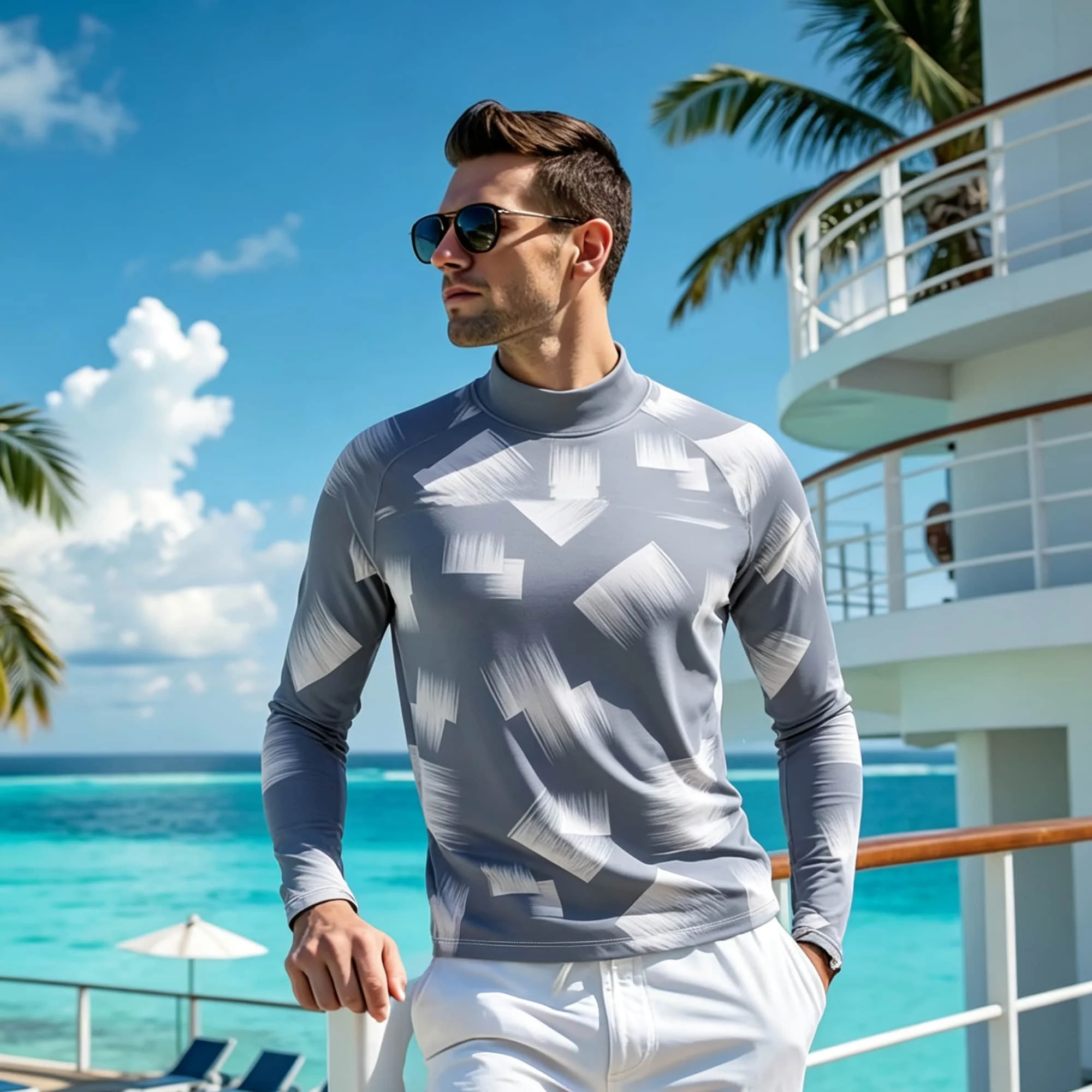 Seaside Vacation Men Mock Neck Pullover Long Sleeve T‑Shirt Grey White Fragment Brush Print Moisture Wicking Surf Sport Tops