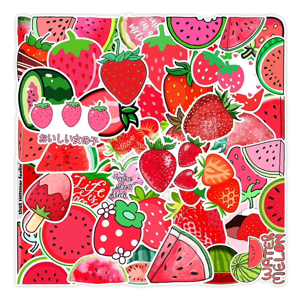 50/100Pcs Novelty Cute Cartoon Strawberry Watermelon Stickers PVC Waterproof Stickers Decals For Kids Boys Girls Toys Gifts