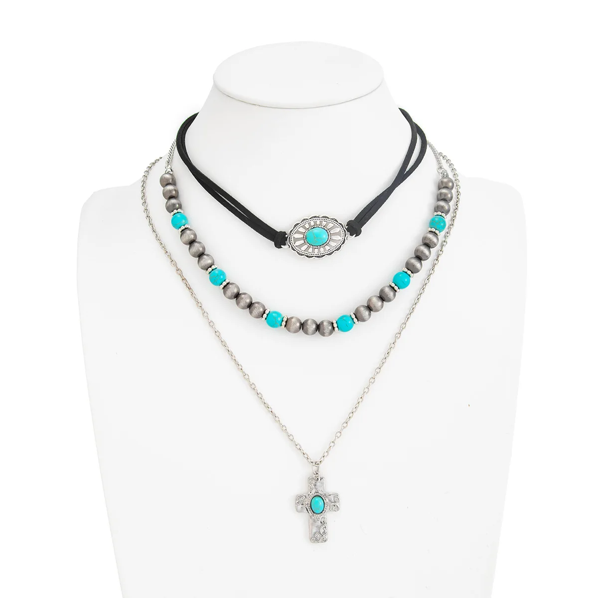 

Bohemian Imitation Turquoise Layered Necklace – Ethnic Cross Pendant Choker Set for Women Tribal Style Jewelry​