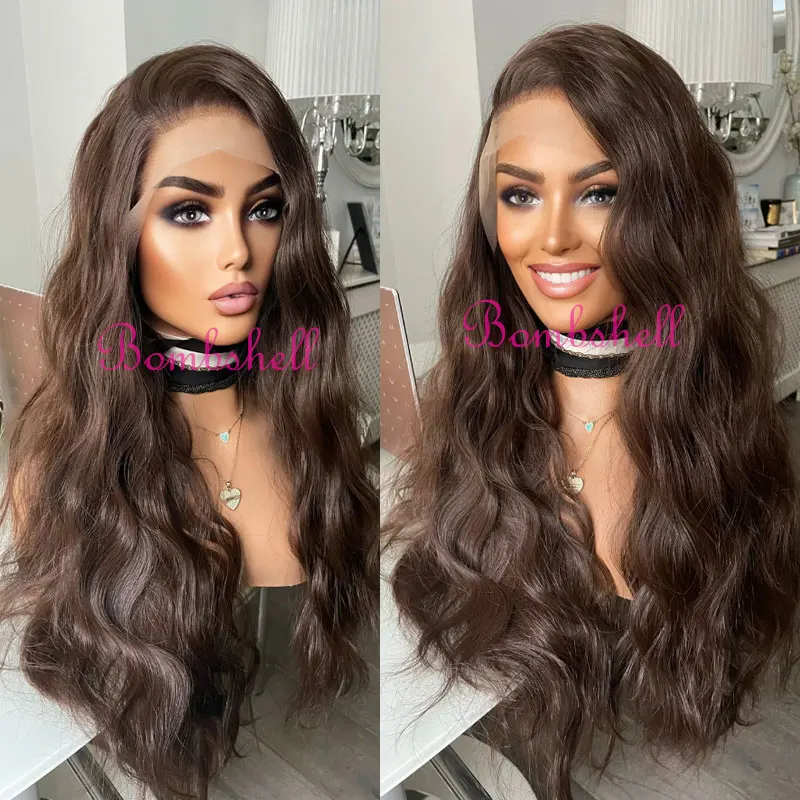 Donkerbruin Water Wave Haar Synthetische 13x4 Lace Front Pruiken Lijmloze Hoge Kwaliteit Hittebestendige Vezel Haar Gratis Scheiding voor Vrouwen