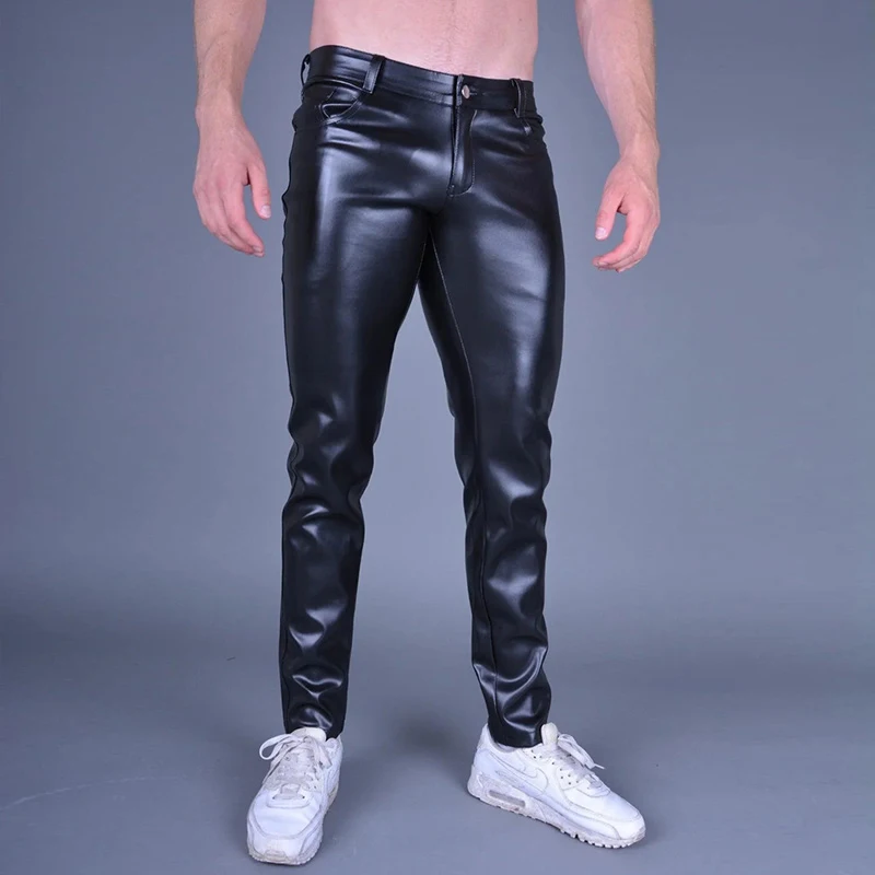 Black Matte Faux Latex Male Bodycon Pencil Pants Men's Chic Sexy PU Slim Trousers With Pocket New Leather Streetwear Pant Custom