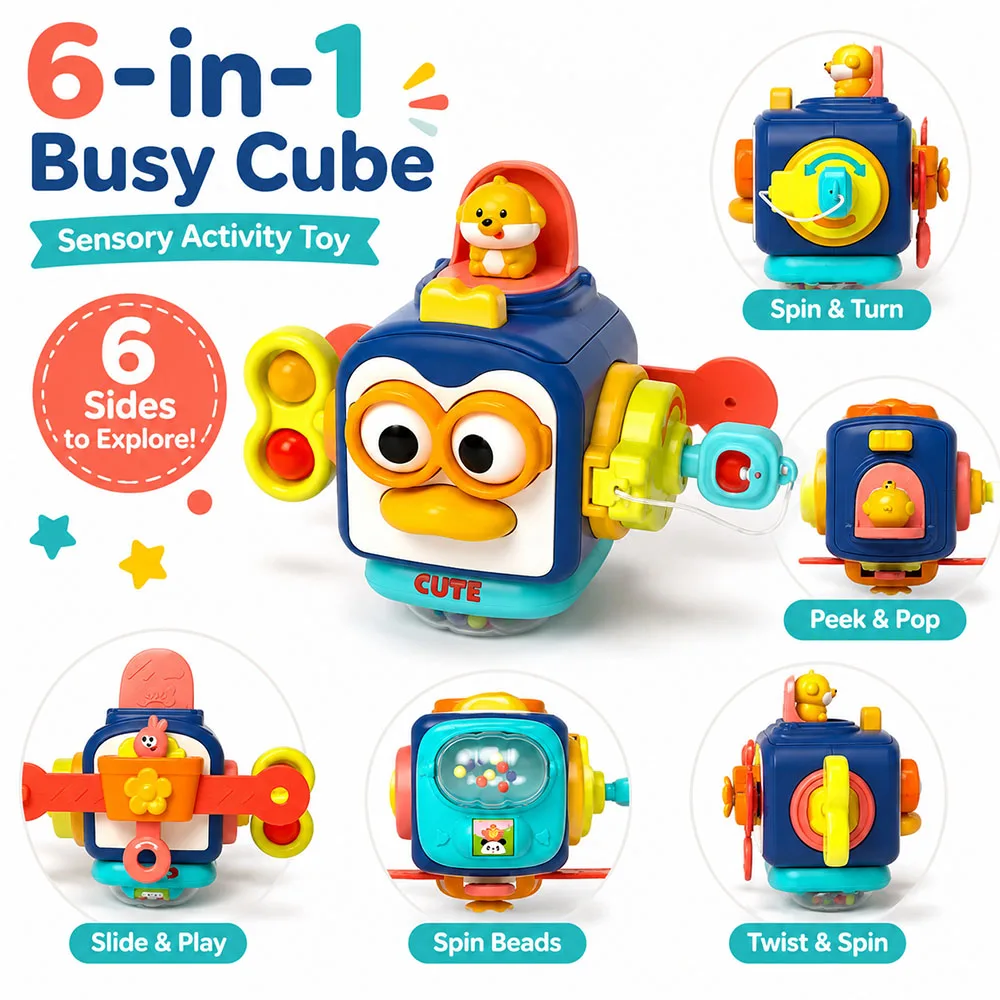 6-in-1 Busy Cube Sensory Activity Toy Interactive Fine Motor Skills Toy with Spin Slide Twist Activities for Babies Toddlers