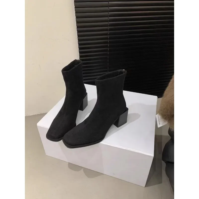 Enkellaarsjes Voor Dames Lente Herfst Grijs Zwart Damesschoenen Chunky Middelhak Suède Korte Botas Vierkante Teen Back Zip Botines