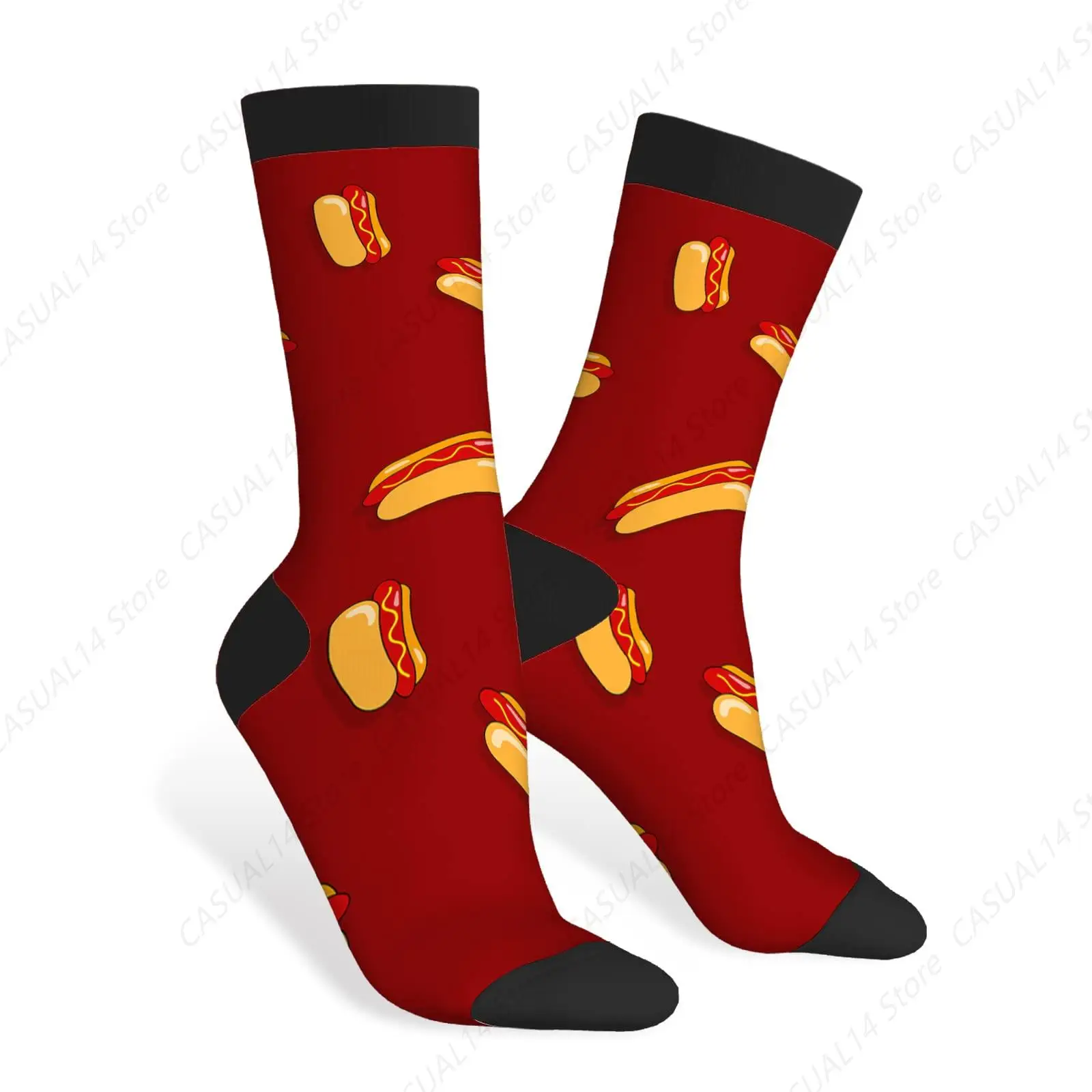 

Hot Dog Funny Socks Street Food Picnic Snack Hotdogs Red Novelty Casual Crew Socks Contrast Color Design for Women Men Gift