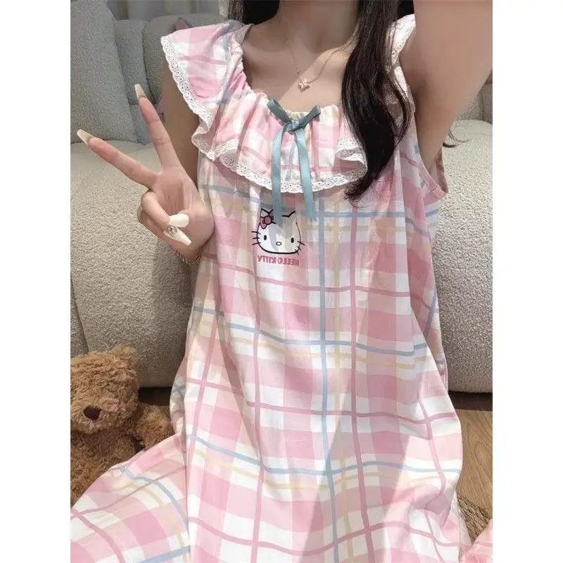 

Sanrio Cute Nightgown Hello Kittys Kawaii Pajamas Sweet New Style Girl Fashion Home Clothes Casual Comfortable Breathable Trend