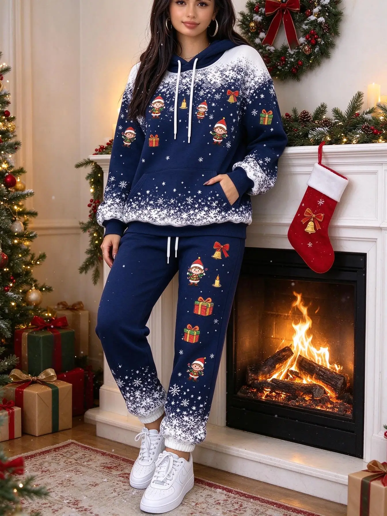Women Christmas 2 Piece Tracksuit Snow Gradient Elf Gift Print Hoodie & Jogger Pants Matching Set view 2