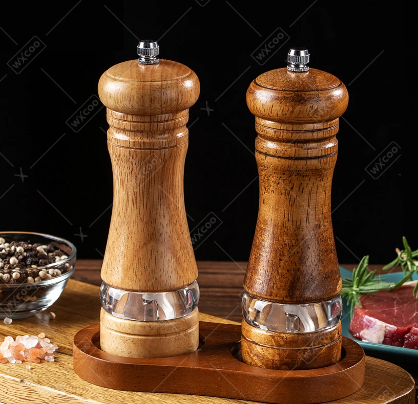 WXCOO 6inch Manual Wood Pepper Grinder Adjustable Ceramic Rotor Salt Shakers Kitchen Tools Spice Salt Grinding Bottle Set