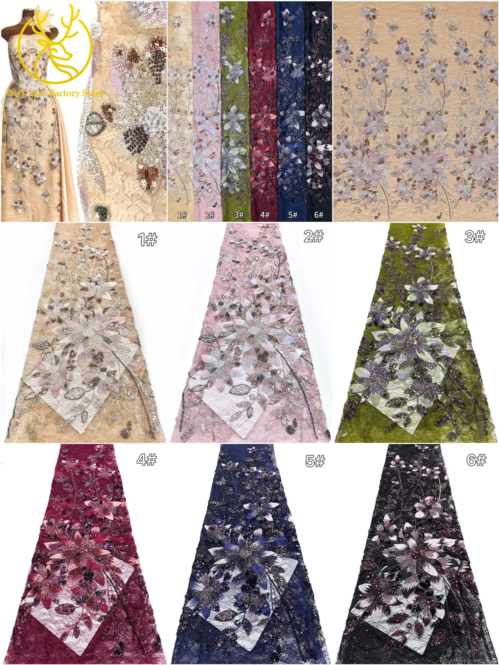 3D-Stickerei-Blattapplikation mit Pailletten, Röhrenperlen und Spitze, hochwertiger französischer Tüllspitzenstoff für Hochzeitskleider, Brautkleider und Partykleider zum Nähen. – Detail 3