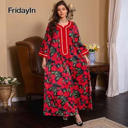 Fridayin Muslim Abaya Sweet Long Dresses for Women V-neck Color Contrast Rhinestone Flared Sleeve Kaftan Loose Straight Skirt