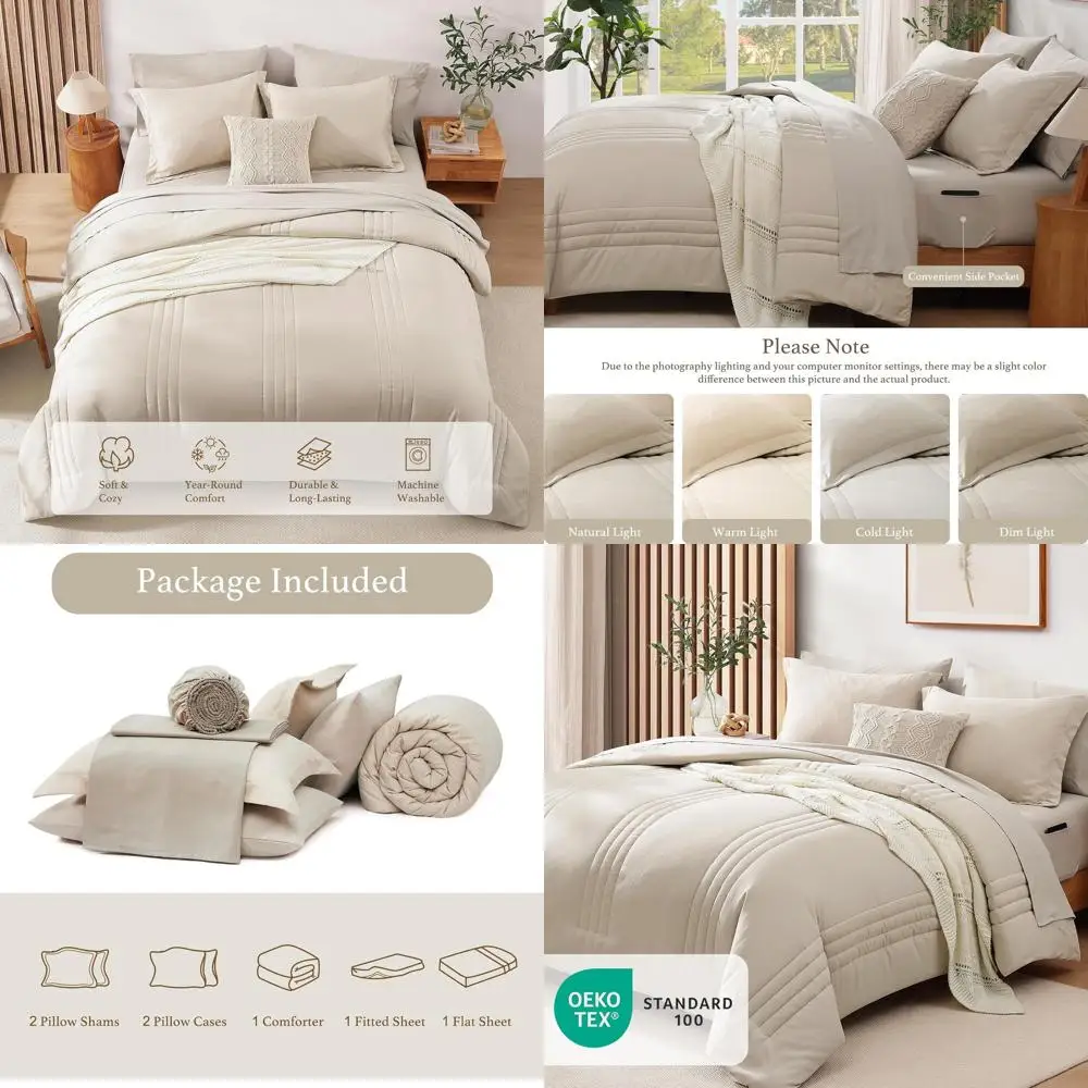 

Beige 7-Piece Queen Comforter Set with All Seasons Bedding, Sheets, Pillowcases & Shams