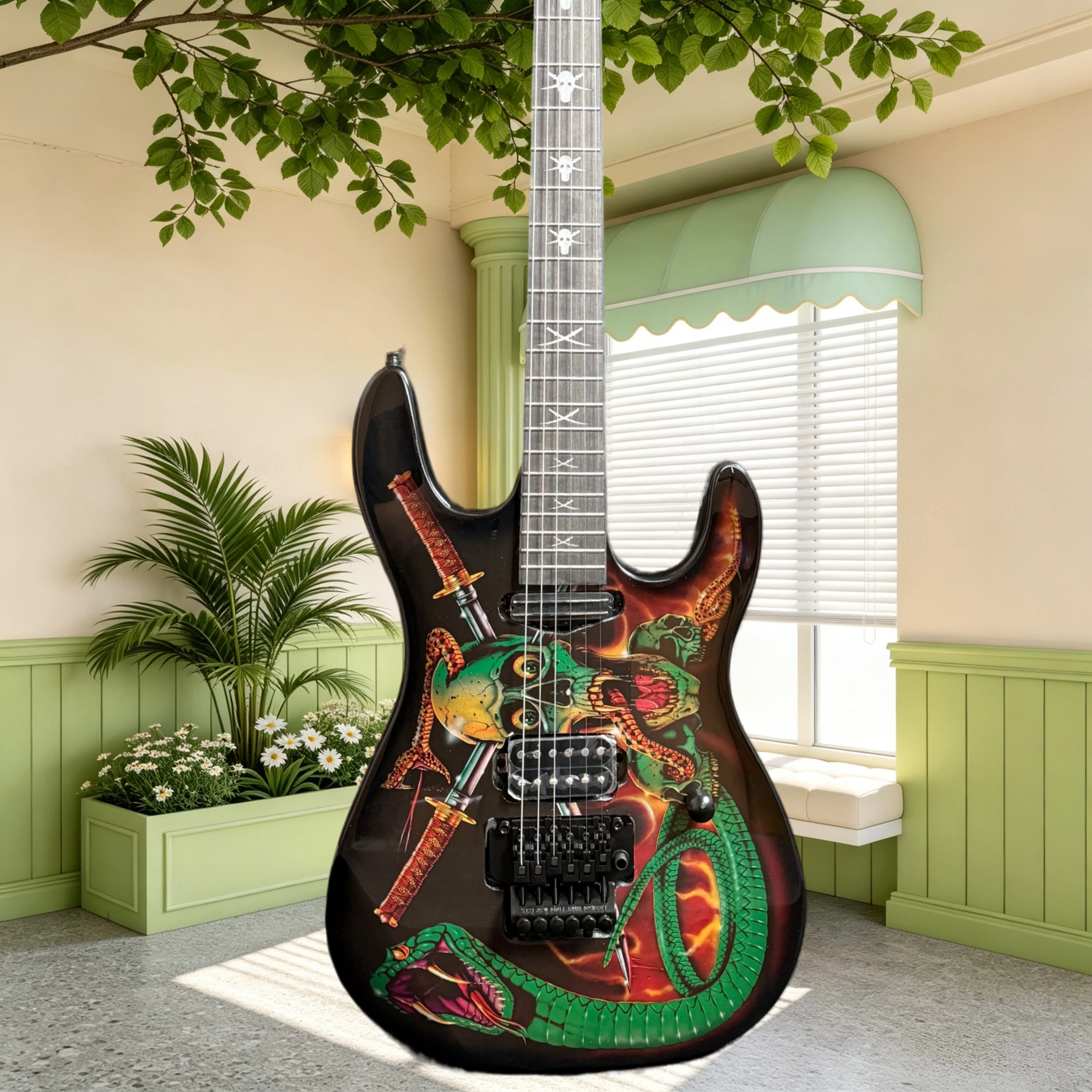 Double Tremolo STA Electric Guitar Mahogany Body Rosewood Fretboard Skull Snake Graphic Heavy Metal Hard Rock Stage Performance