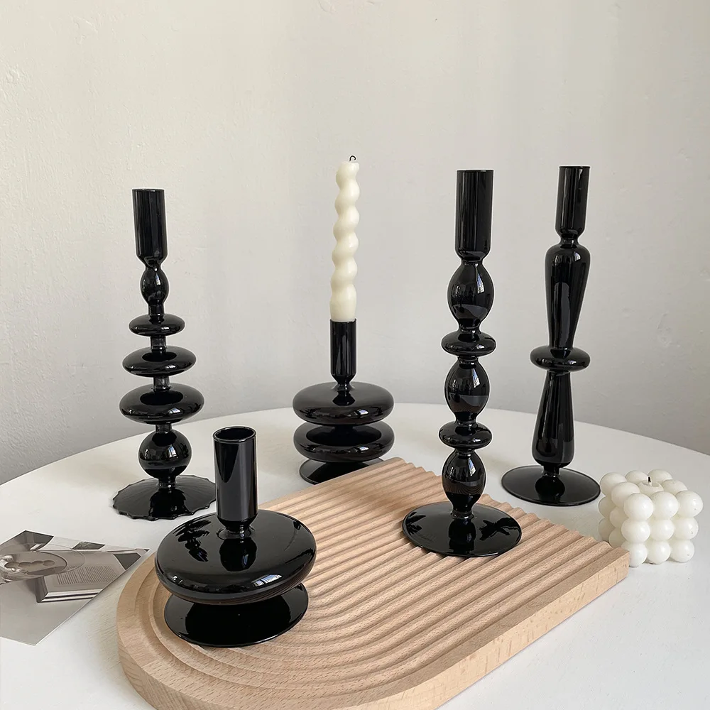 European-Style Black Glass Candlestick Geometric Glass Handicraft Celebrity Art Decoration Creative Candlestick Birthday Gift