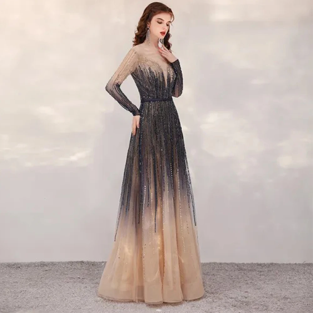 Роскошное вечернее платье из тюля с бисером и овальным вырезом, длиной до пола, с длинным рукавом, иллюзия, изысканное индивидуальное платье ручной работы فساتين سهرة