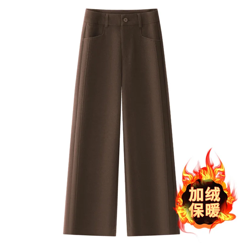 بنطال كاجوال بني للنساء والشتاء، مبطن بالصوف، سميك، دافئ، كسول، سروال بدلة، مستقيم الساق Tr #1