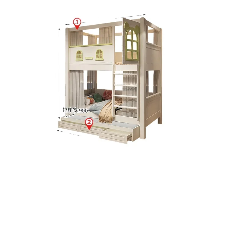 

Bunk bed on and off the second floor, small apartment of the same width, with ladder cabinet slide