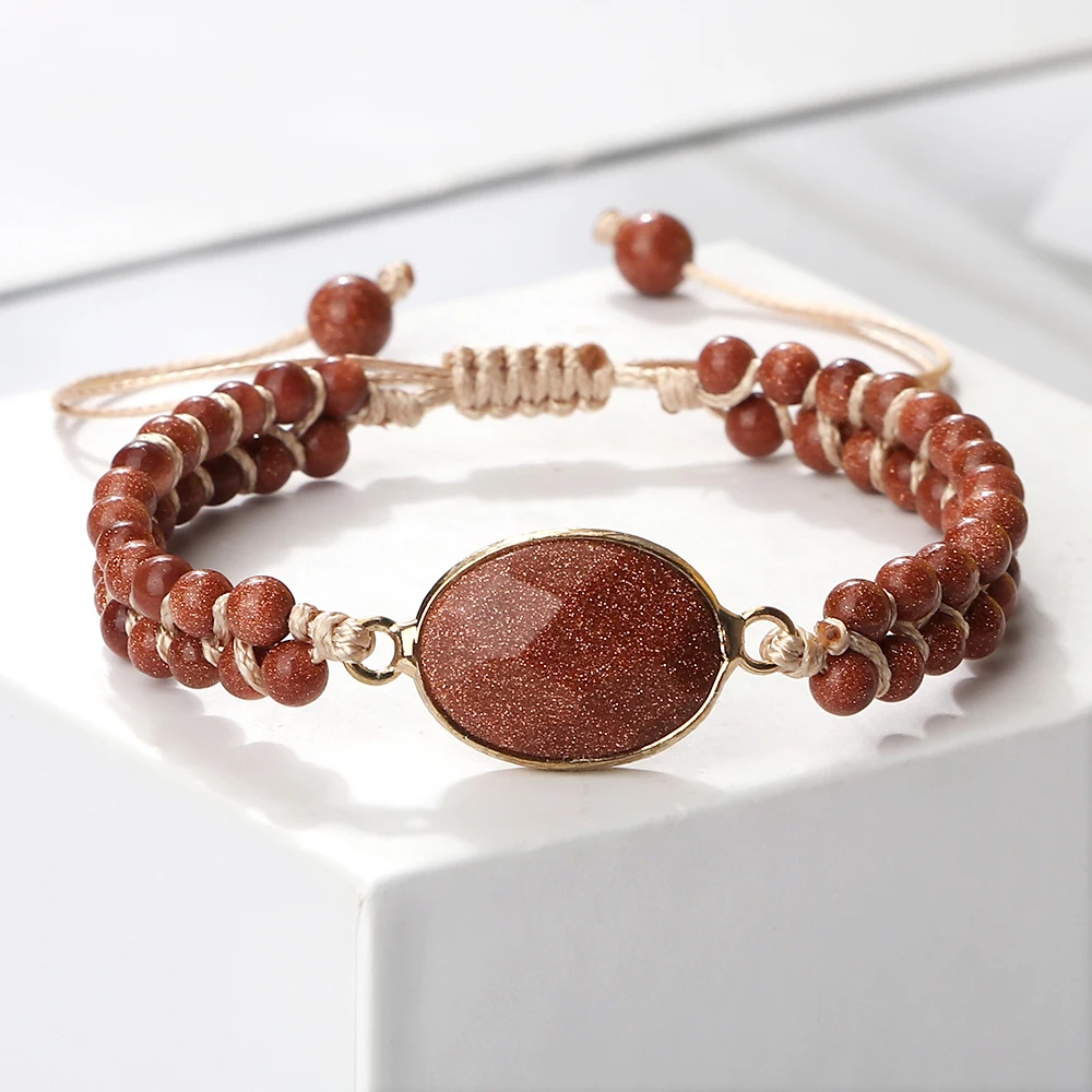 4mm Mini Beads Bracelets Fashion Goldstone Sandstone String Wrap Bracelets Women Handmade Braided Bangles Men Boho Wrist Jewelry