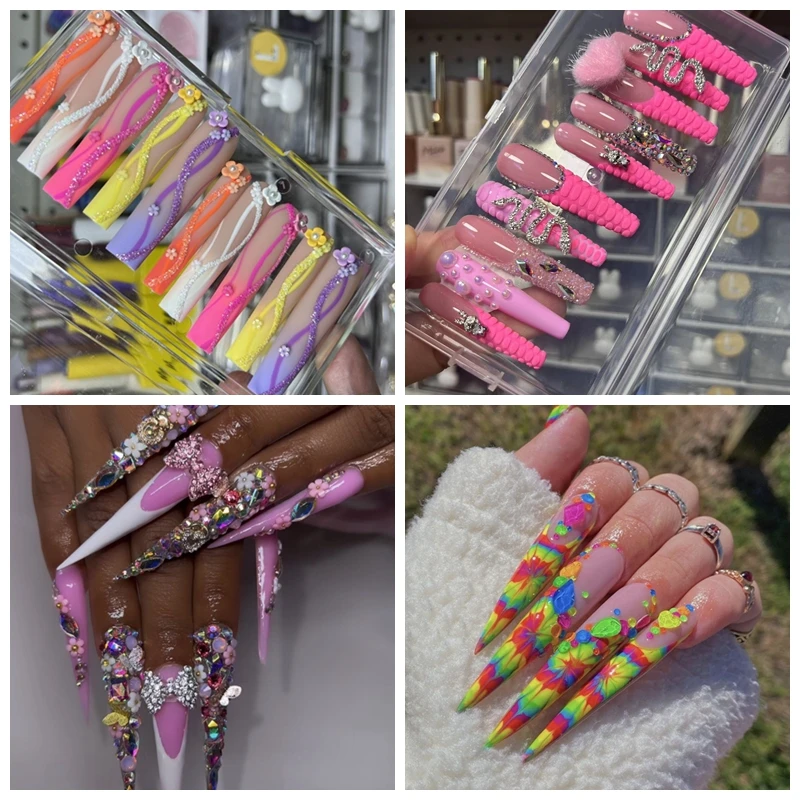 

Customize Handmade Extra Long False Nail Tips Glittery Rhinestone Press On Nails Y2K Reusable Artificial Fake Nail With Glue Art