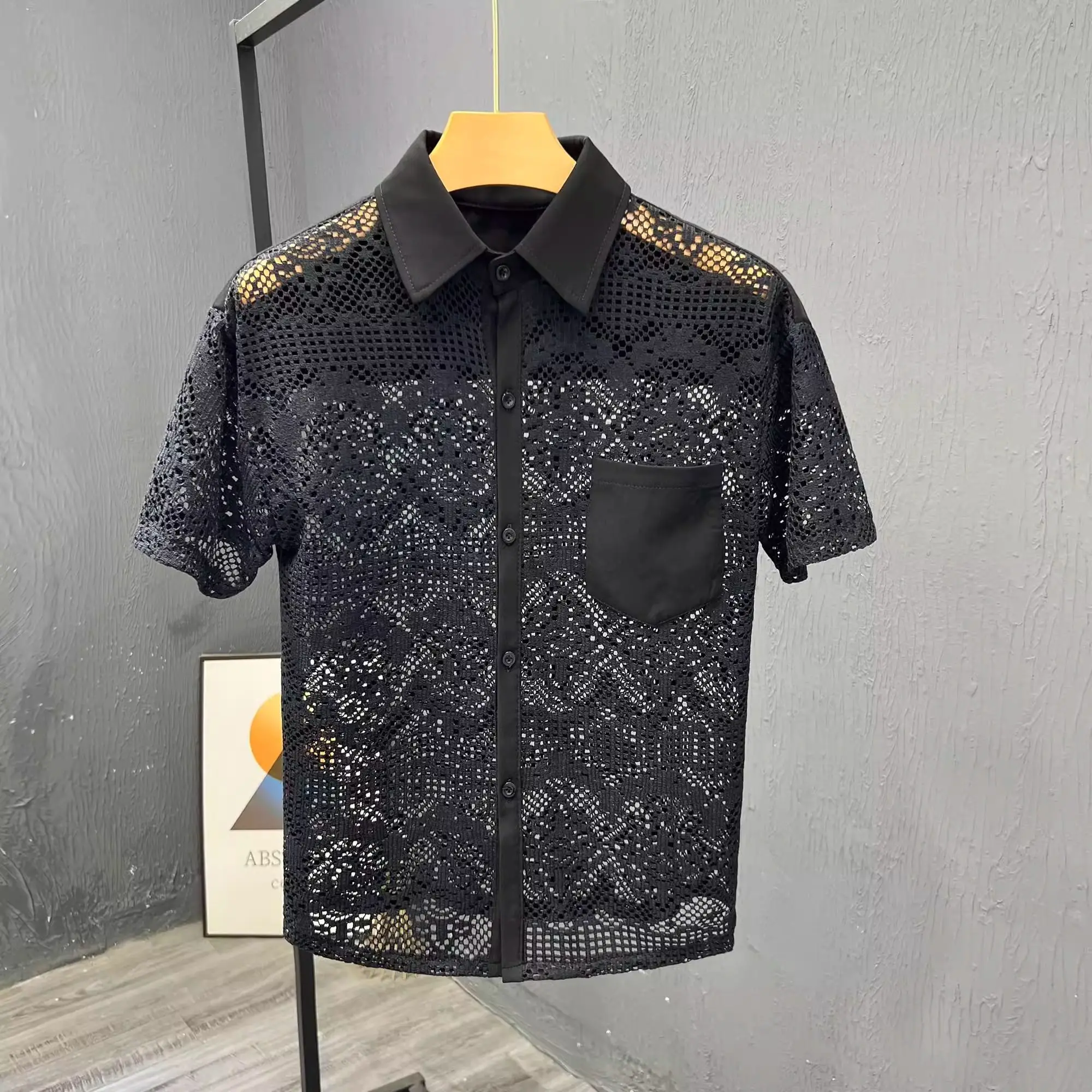 Summer new hollow design casual short-sleeved shirt men's shirt versatile loose top
