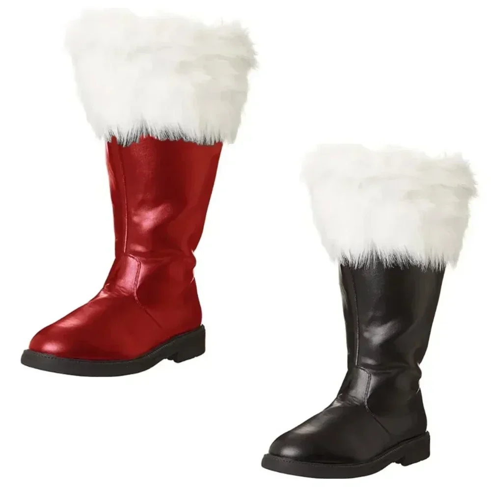 2026 ano novo vermelho preto sapatos de couro branco punhos de pelúcia pé halloween natal botas de inverno natal papai noel botas homens cosplay