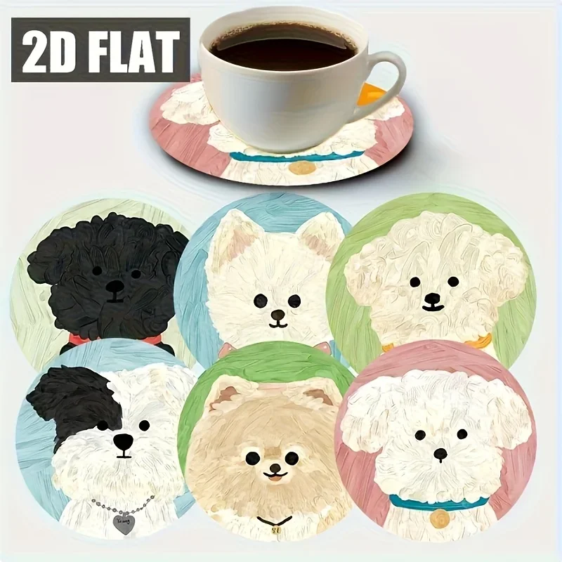 A Set of 6 Adorable Round Wooden Coasters Featuring Cute Puppy Designs, Perfect for Coffee Cups,Water Cups,And Party Decorations