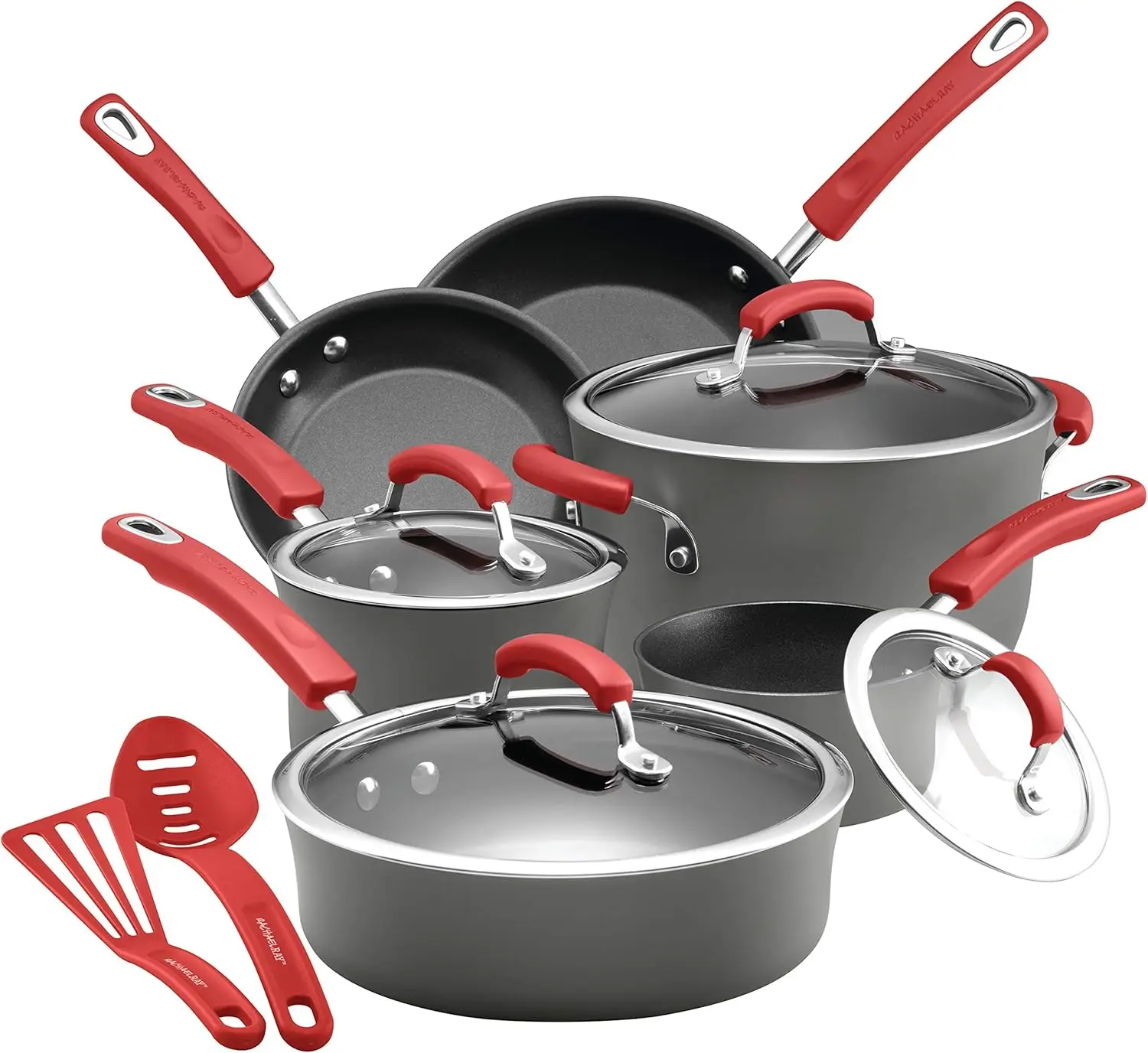 

87661 Hard Anodized Nonstick Cookware Pots and Pans Set, 12 Piece, Gray with Red Handles