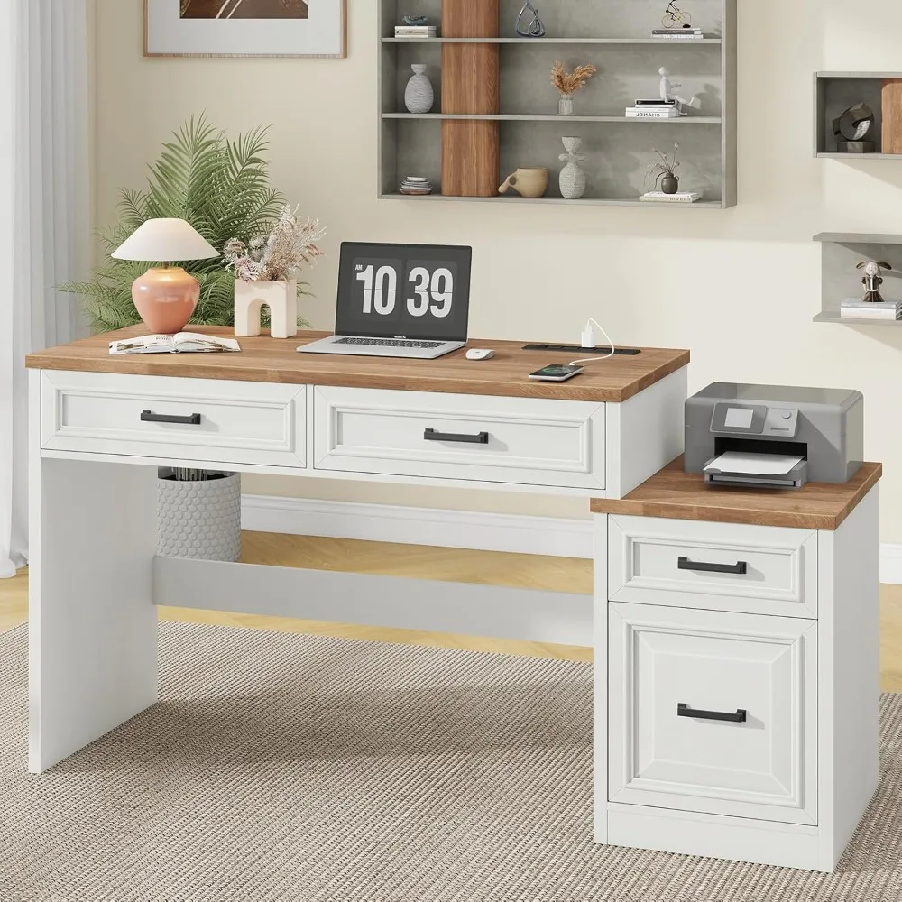 

61-inch Farmhouse Style Computer Desk with Storage, File Drawer, and Printer Stand for Home Office, Writing, Gaming, and Studyin