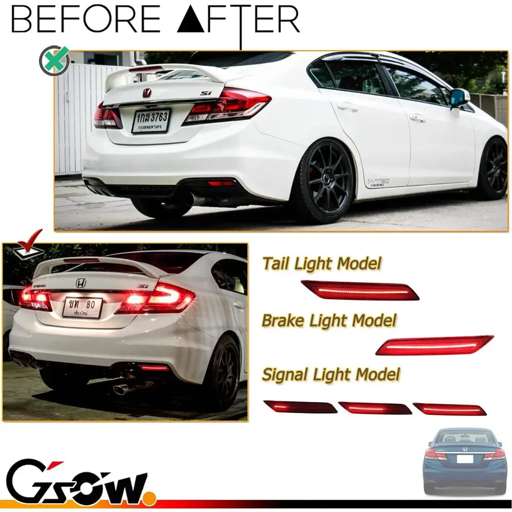 مصد LED متسلسل عاكس الفرامل الذيل بدوره أضواء الإشارة لسيارة هوندا سيفيك سيدان 2013-2015 - عدسة حمراء ، ملحقات سيفيك سيدان #2