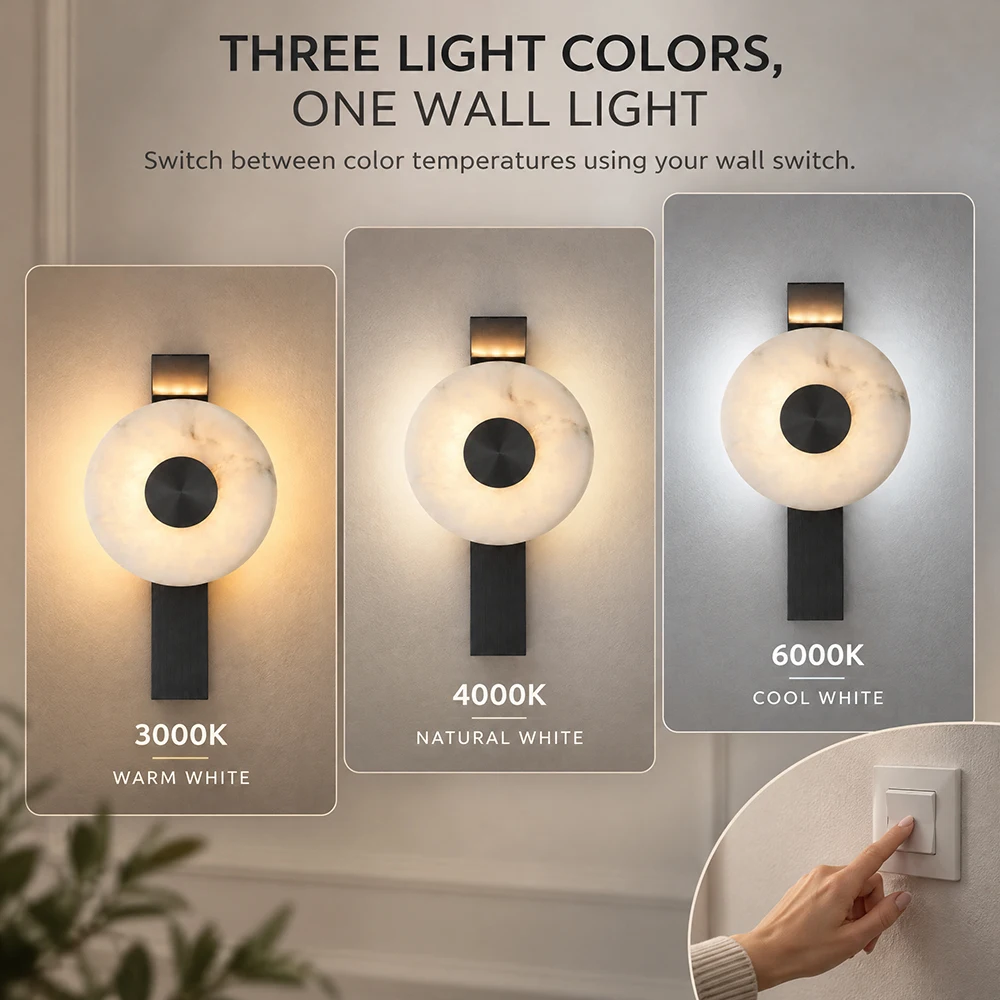 Natural Marble Wall Sconce, Modern Indoor Wall Lamp, 3 Color Temperatures 3000K 4000K 6000K, Brushed Black or Nickel, Bedroom