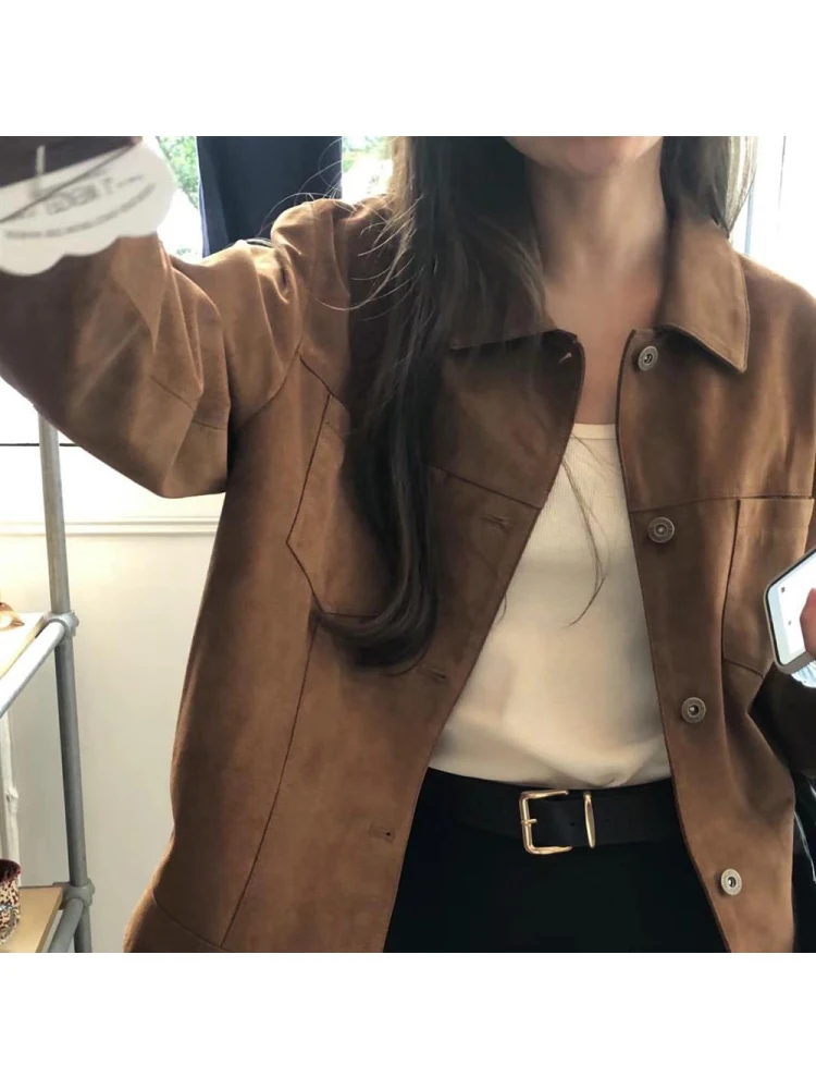 Retro Distressed Simple Commute Versatile Lapel Double Pocket Design Loose Workwear Jacket for Women Short Outerwear