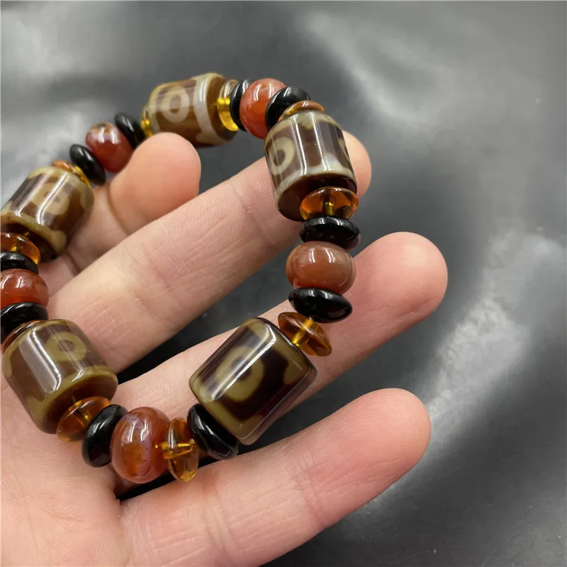 Agate Lane Three Eyes Tianzhu Agate Barrel Bead Bracelet Men's and Women's Old Agate Bracelet Special Offer