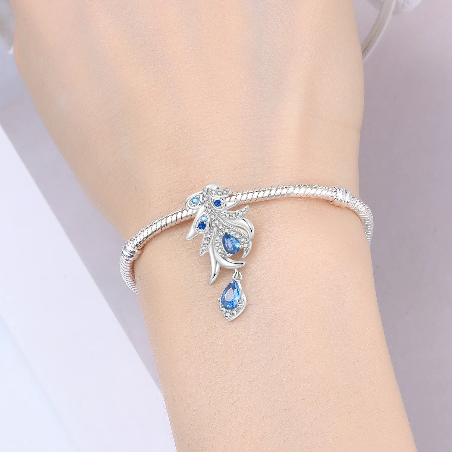 PANPOKI 925 argent Sterling plume bleue symbole chanceux perles pendentifs originaux Bracelet breloque bijoux fête bricolage cadeaux à la mode