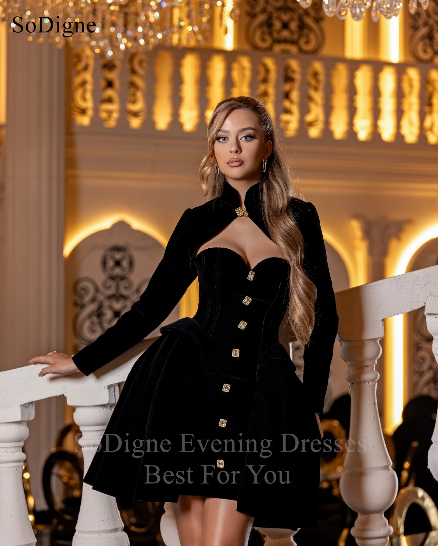 SoDigne Elegant Black Velvet Prom Dresses Strapless Button Full Sleevess Party Dress Mini A-Line Prom Gowns Customized