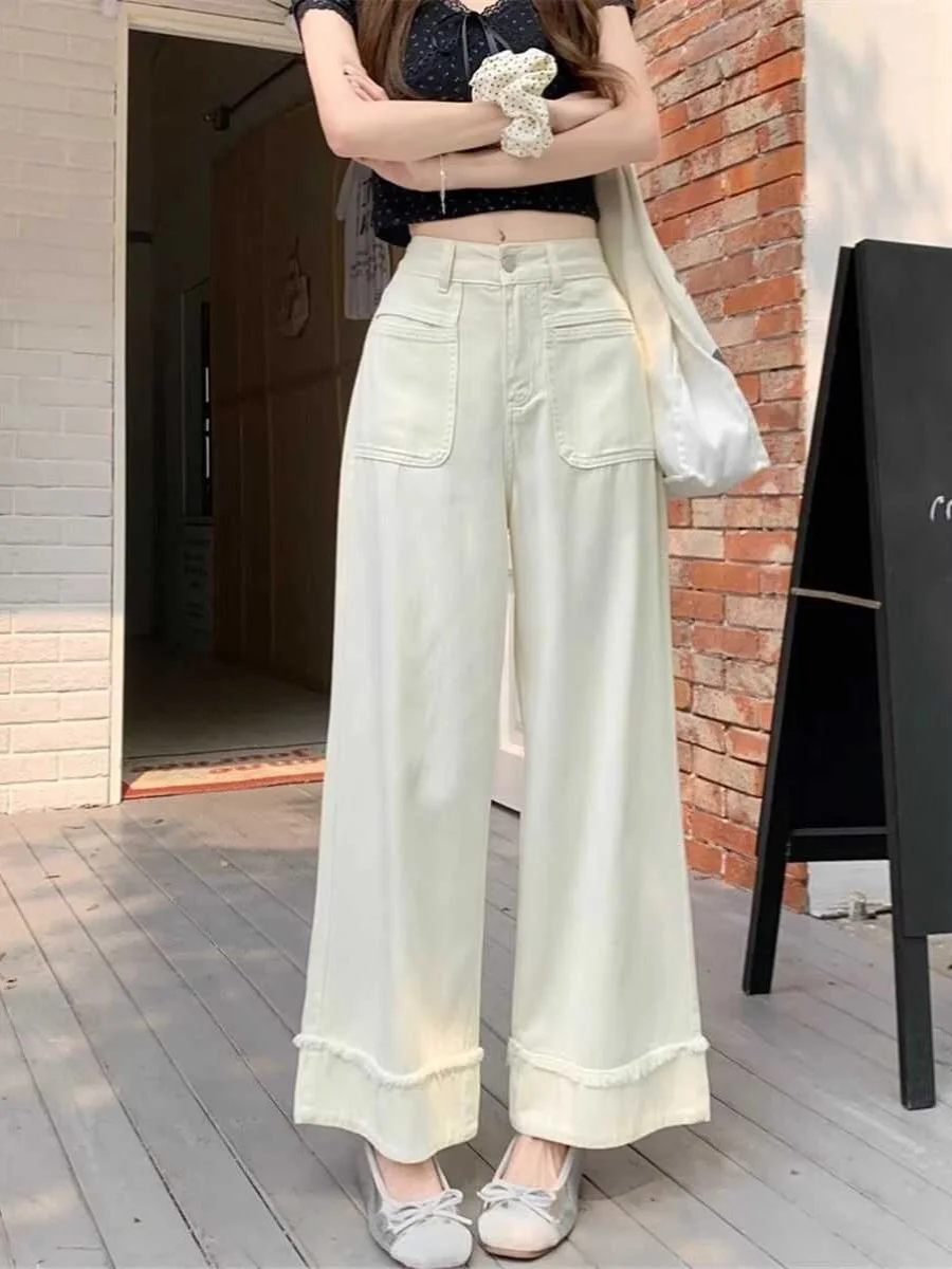Plones vaqueros blancos de pierna ancha de cintura alta para mujer, plones vaqueros con abertura adeazantes de reta...