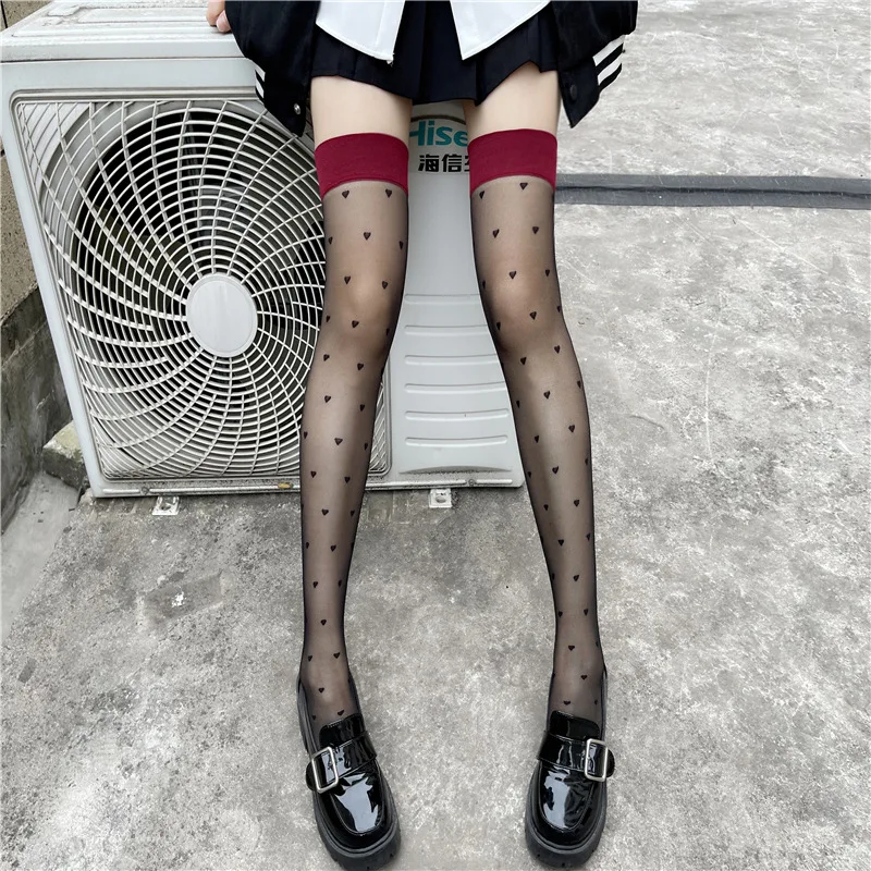 

2022 New Red Edge Stockings Heart Jacquard Stockings Over The Knee Thigh Socks Super Thin Sexy Wave Dot Black Silk