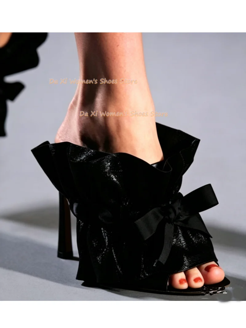 Ruffles Bow Decorative Pink Shiny Metal Folds Fashion Show Slippers Round Toe Low-Cut Sandals Banquet Luxury Women's Shoes 2026
