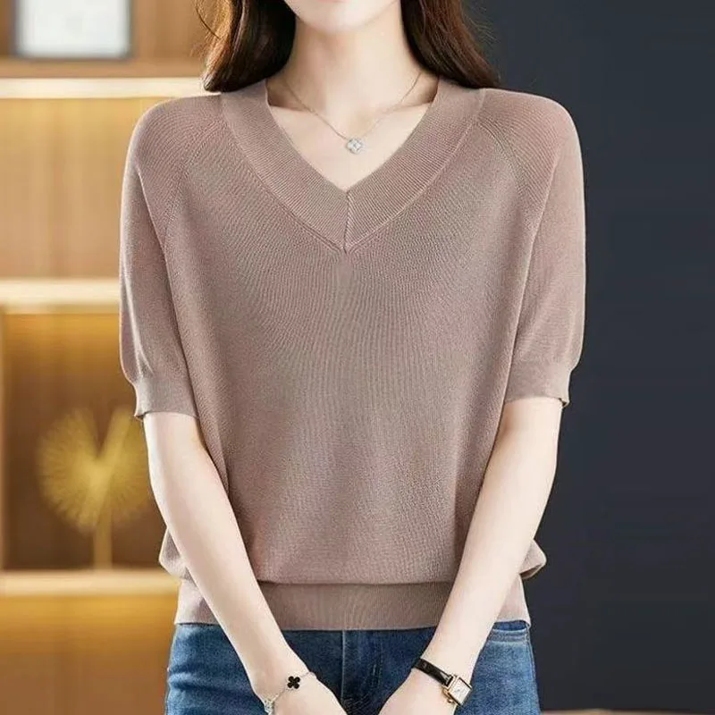 Sueter Feminino Kurzarm-Strickpullover für Damen, neue schwarze Strickpullover mit V-Ausschnitt, Pullover für Damen, Oberteile, Strickwaren Q3672