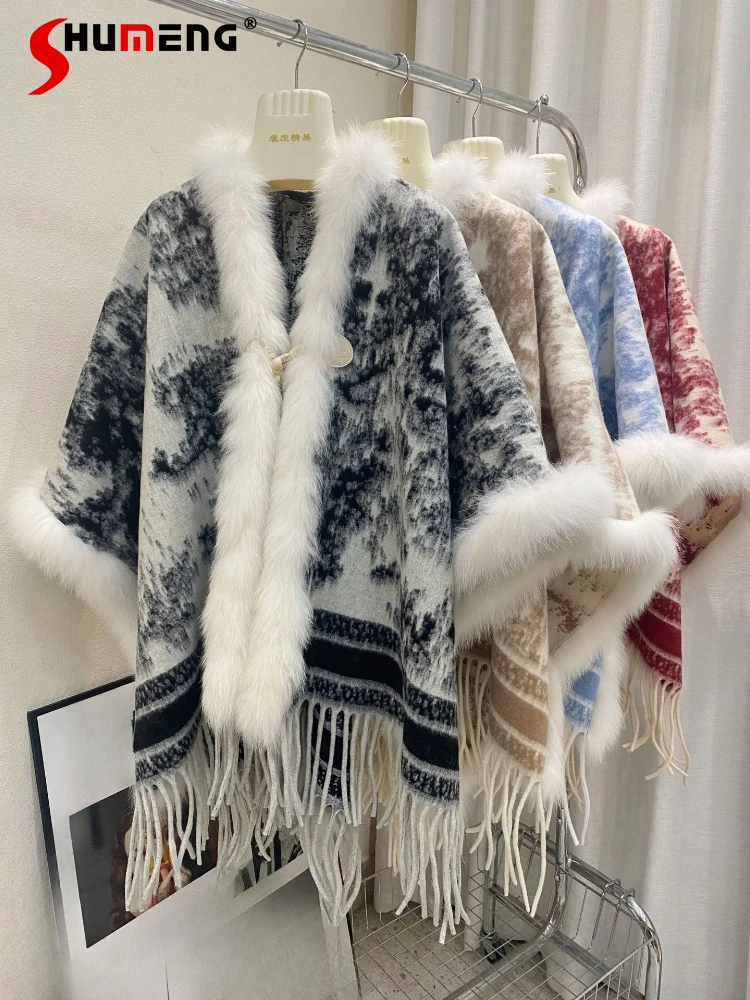 

Women 2025 Elegant Shawl Tassel Cape Fox Fur Collar High-End Faux Fur Coats Female Nice Loose Comfort Color Matching Trendy Tops